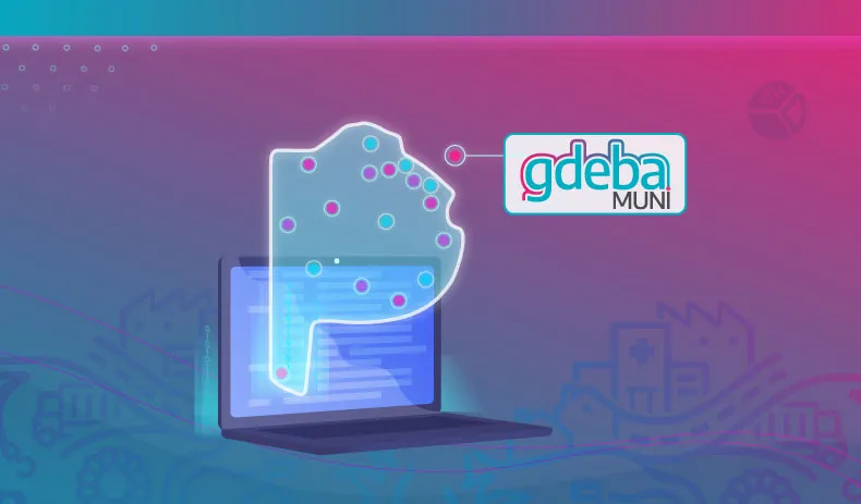 Imagen ilustrativa para la novedad: una ilustración de la provincia de Buenos Aires saliendo de la pantalla de una notebook con la inscripción "GDEBA Muni". 